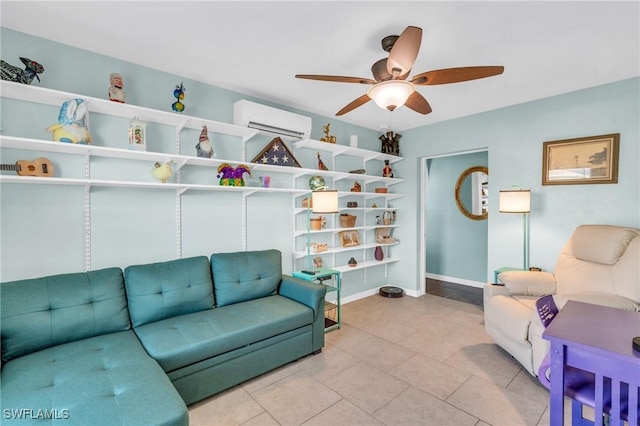 tiled living room with ceiling fan and a wall mounted AC