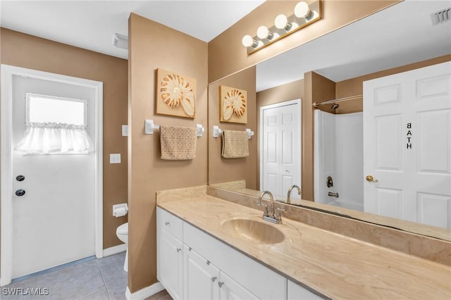 full bathroom with tile patterned flooring, vanity, shower / bath combination, and toilet