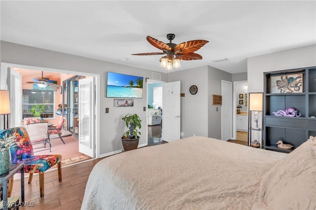 bedroom with ceiling fan and hardwood / wood-style floors