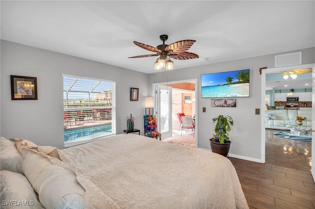 bedroom featuring ceiling fan and wood-type flooring