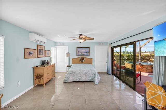 tiled bedroom with ceiling fan, a wall mounted air conditioner, and access to outside