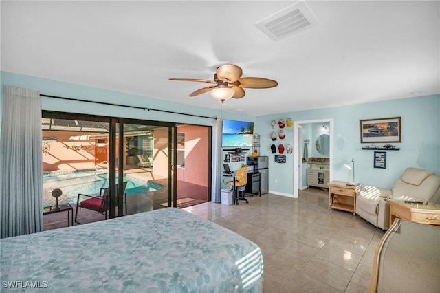 bedroom featuring connected bathroom, access to exterior, light tile patterned floors, and ceiling fan