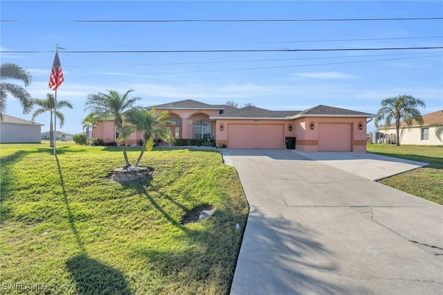 ranch-style house with a garage and a front yard