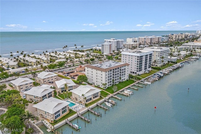 drone / aerial view featuring a water view