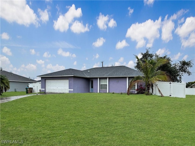 single story home featuring a garage and a front yard