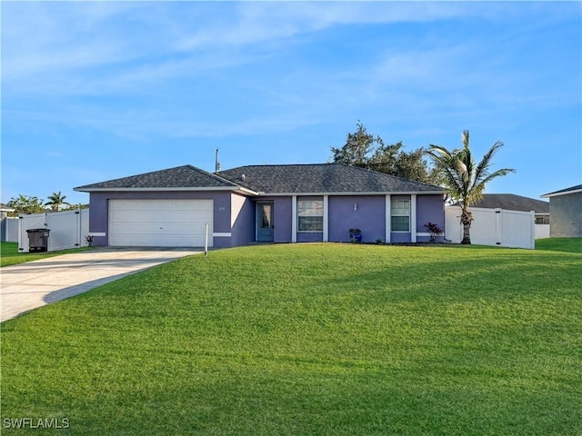 ranch-style home with a garage and a front yard