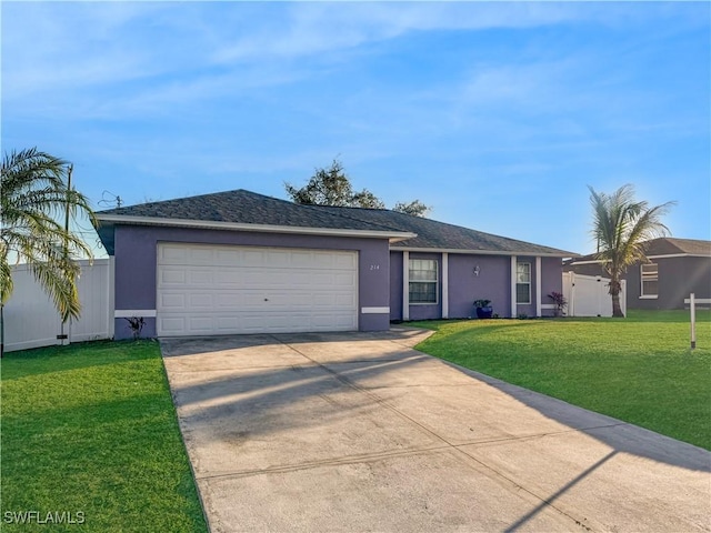 single story home with a garage and a front yard