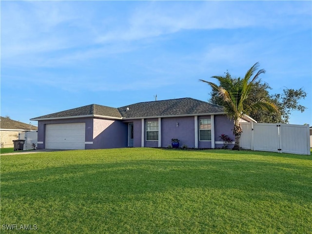 ranch-style house featuring a garage and a front yard