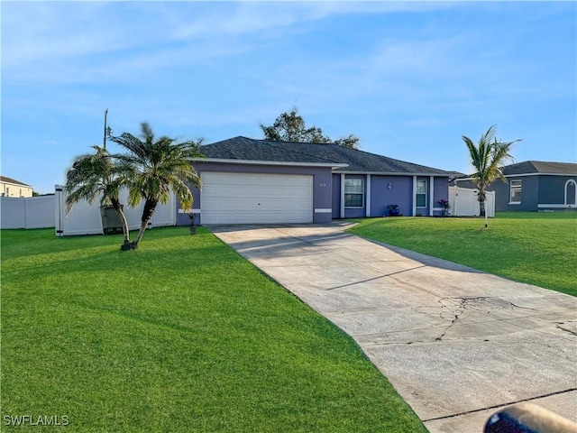 ranch-style home with a garage and a front yard