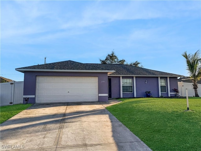 ranch-style home with a garage and a front yard