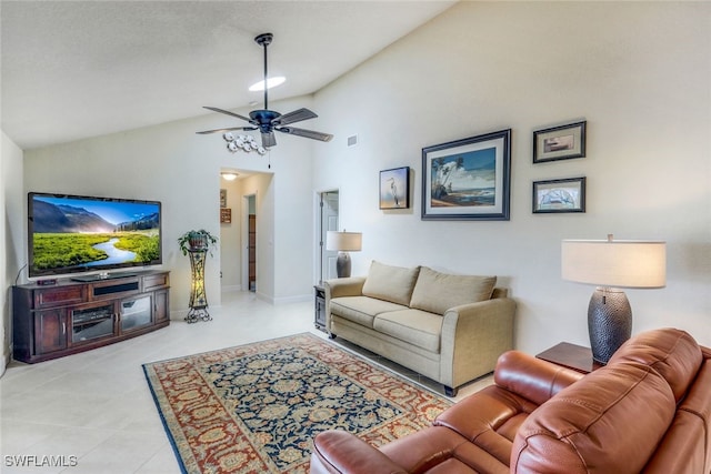 living area featuring a ceiling fan, baseboards, visible vents, high vaulted ceiling, and light tile patterned flooring