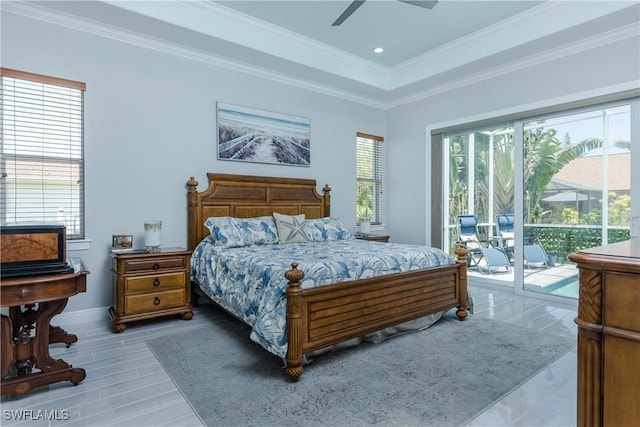 bedroom with access to exterior, ornamental molding, and ceiling fan