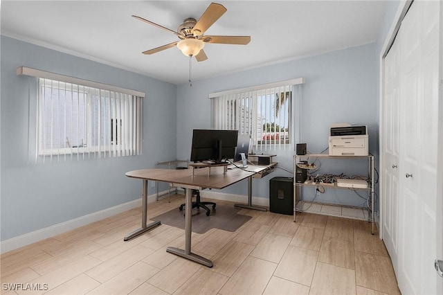 office featuring light hardwood / wood-style flooring and ceiling fan