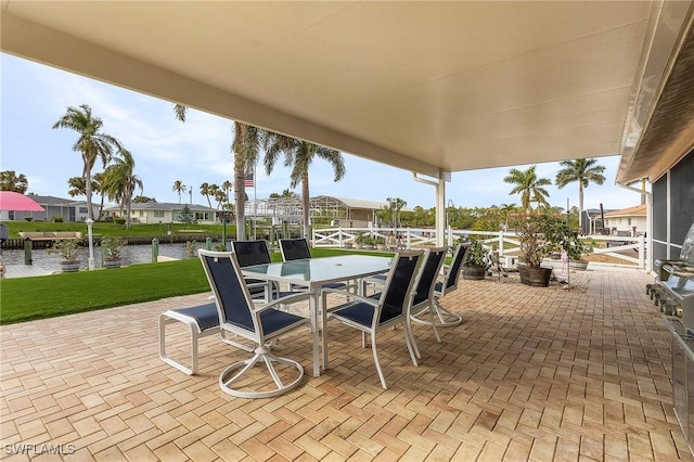 view of patio / terrace featuring a water view