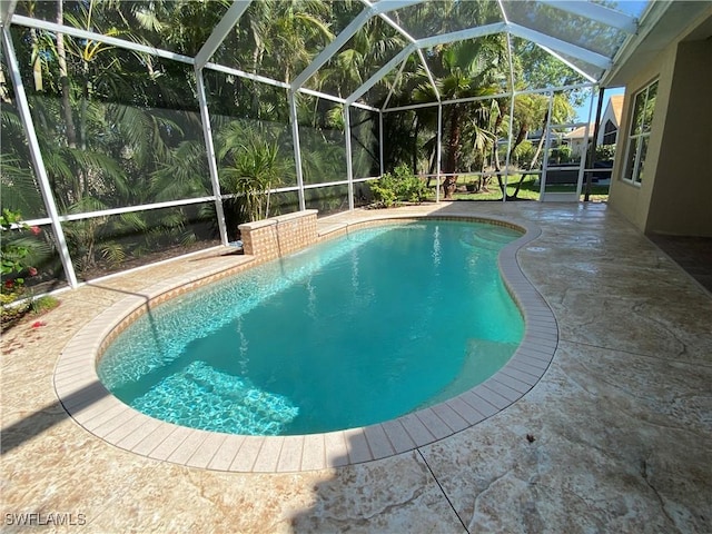 view of swimming pool with a lanai and a patio