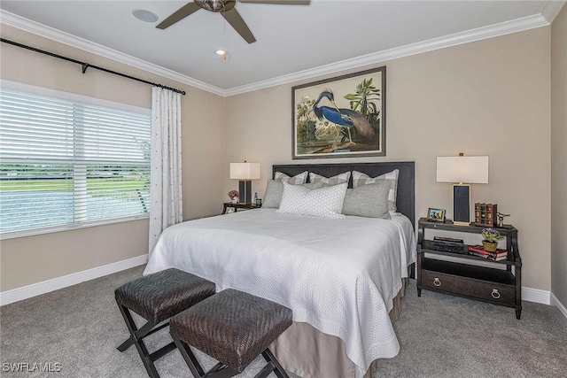 bedroom with ceiling fan, carpet, and ornamental molding