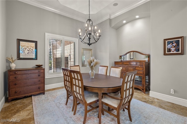 dining space featuring baseboards, crown molding, a chandelier, a high ceiling, and recessed lighting