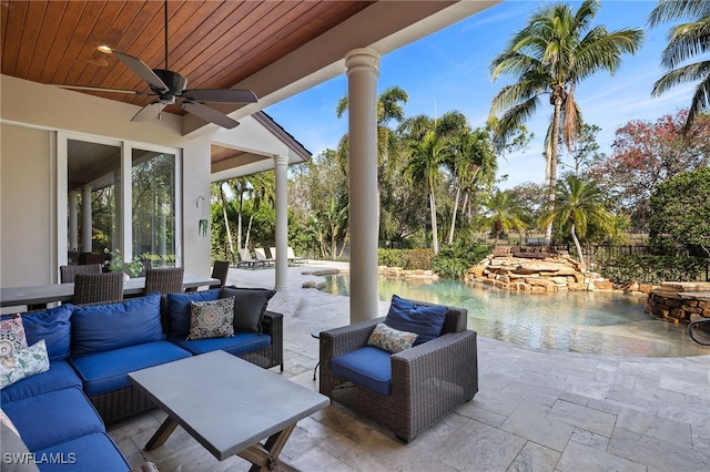 view of patio featuring an outdoor living space, ceiling fan, an outdoor pool, and fence