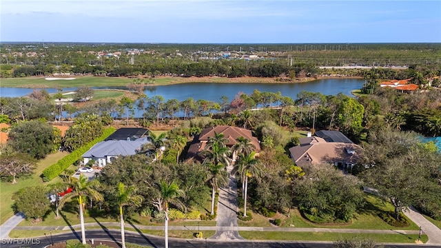 aerial perspective of suburban area featuring a nearby body of water and a tree filled landscape