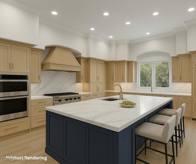 kitchen with stainless steel double oven, a sink, custom range hood, light brown cabinets, and crown molding