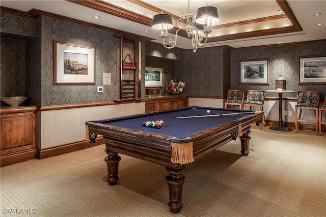 playroom featuring carpet flooring, pool table, a raised ceiling, crown molding, and an inviting chandelier