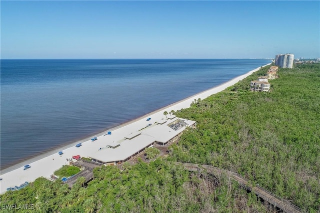 bird's eye view featuring a water view and a view of the beach