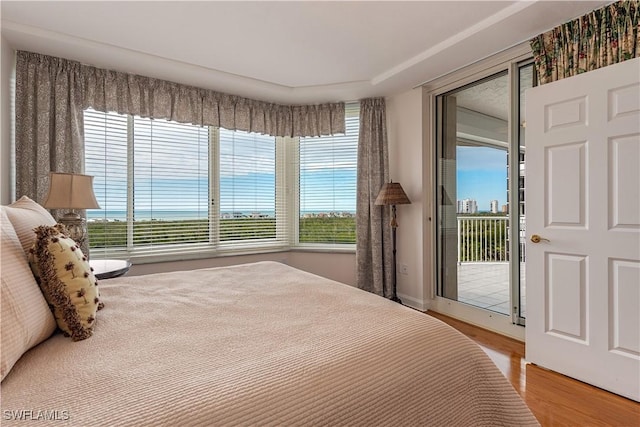 bedroom featuring light hardwood / wood-style floors and access to outside