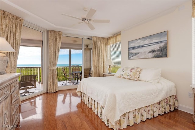 bedroom featuring ceiling fan, access to exterior, light hardwood / wood-style floors, and multiple windows