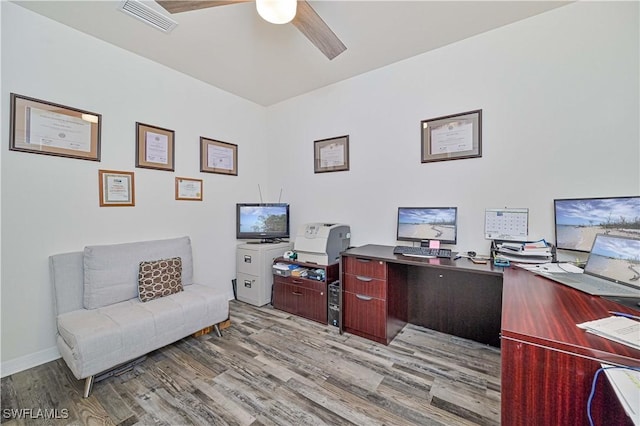 office featuring ceiling fan and light wood-type flooring