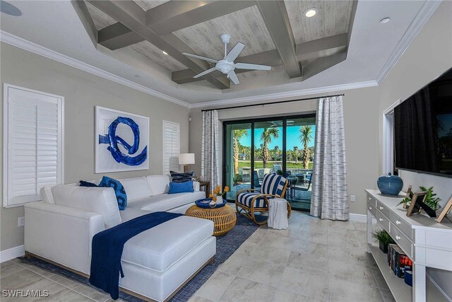 living room featuring coffered ceiling, beam ceiling, ceiling fan, and ornamental molding