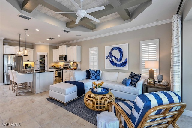 living room featuring sink, coffered ceiling, beamed ceiling, and ornamental molding