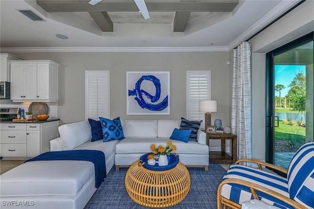 living room featuring ornamental molding, beam ceiling, and dark wood-type flooring