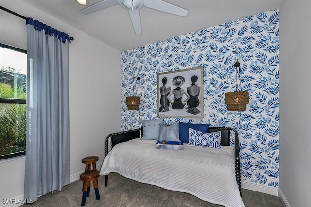 bedroom featuring ceiling fan and carpet floors