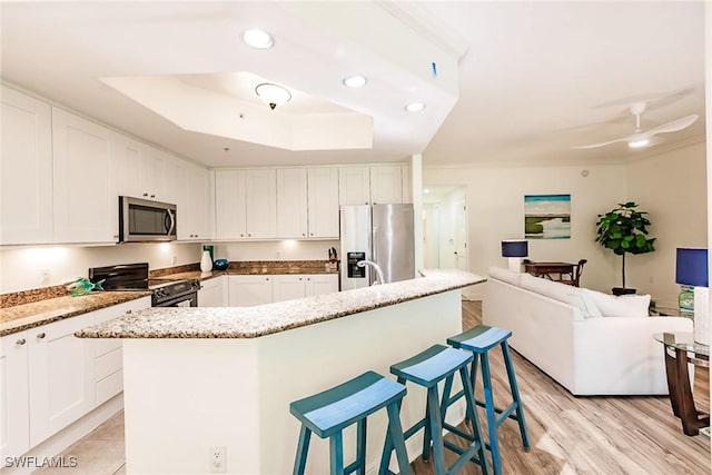 kitchen with white cabinets, a kitchen island with sink, appliances with stainless steel finishes, and a tray ceiling