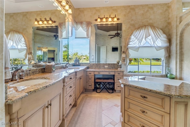 full bathroom with ceiling fan, tile patterned flooring, and vanity