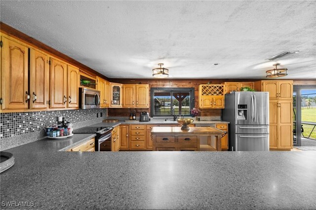 kitchen featuring decorative backsplash, a wealth of natural light, a textured ceiling, and appliances with stainless steel finishes