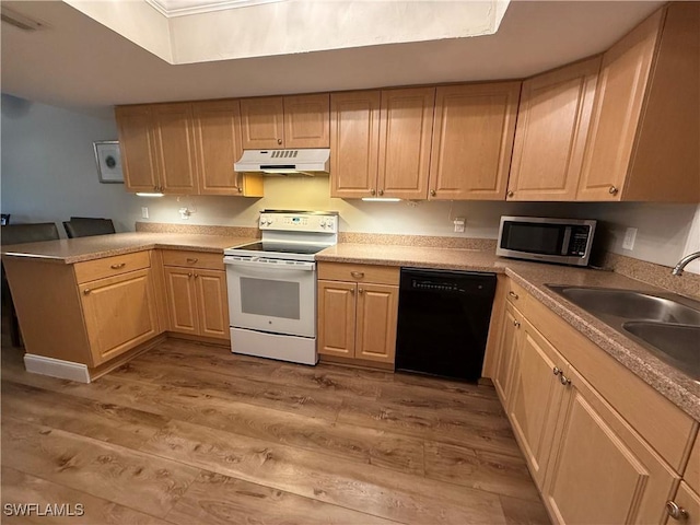 kitchen featuring white electric range, dishwasher, sink, light brown cabinets, and light wood-type flooring