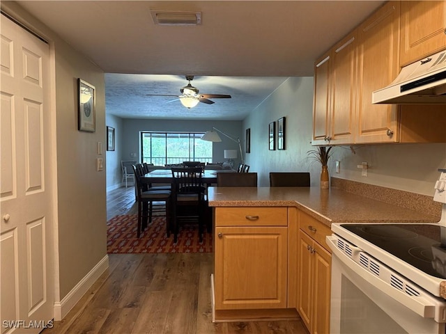 kitchen featuring visible vents, white range with electric cooktop, under cabinet range hood, dark wood-style floors, and a ceiling fan