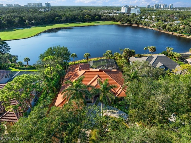 drone / aerial view featuring a water view