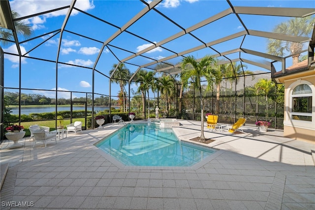 view of swimming pool featuring a lanai, a water view, and a patio