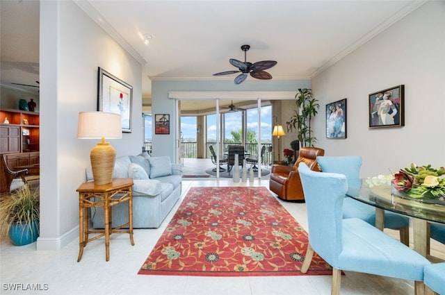 living room featuring ornamental molding and a ceiling fan