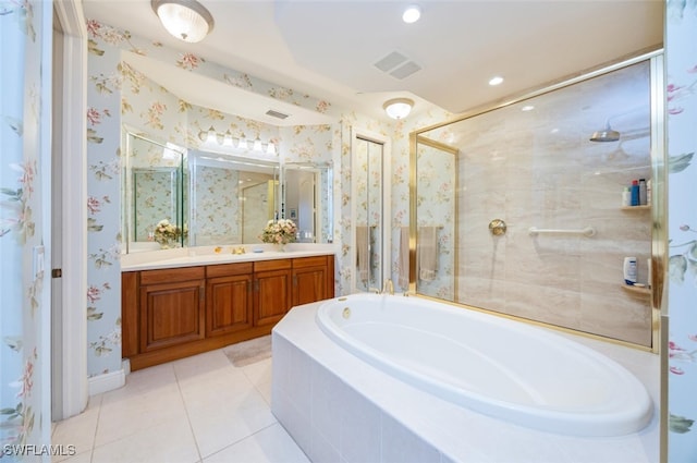 full bath featuring wallpapered walls, visible vents, tile patterned flooring, a shower stall, and a bath