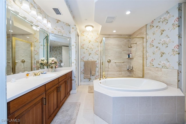 full bath with wallpapered walls, visible vents, and a stall shower