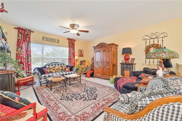 living room with ceiling fan