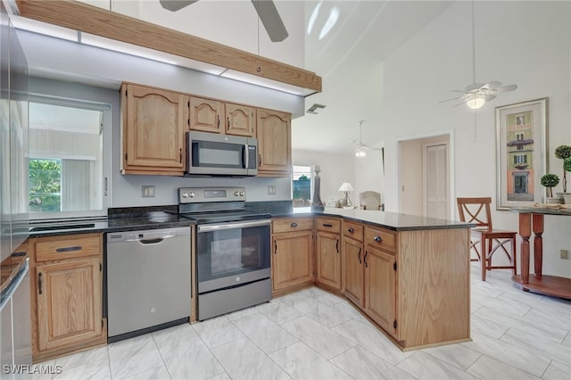 kitchen featuring stainless steel appliances, a wealth of natural light, a high ceiling, and kitchen peninsula