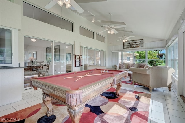 game room featuring ceiling fan, billiards, light tile patterned floors, and high vaulted ceiling