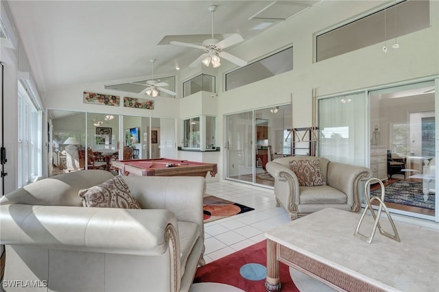 living room featuring ceiling fan, french doors, billiards, light tile patterned flooring, and high vaulted ceiling