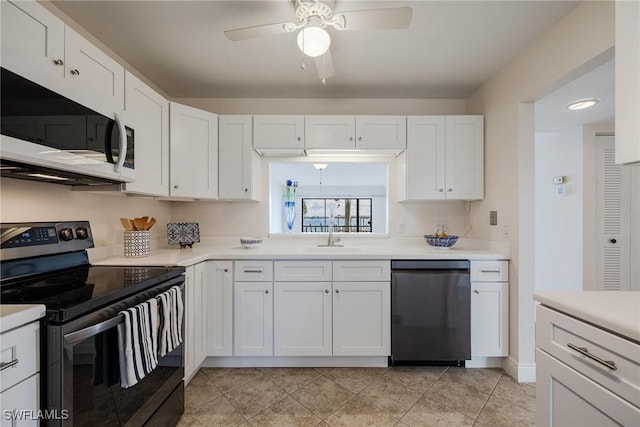 kitchen with white cabinets, dishwashing machine, sink, and stainless steel range with electric cooktop