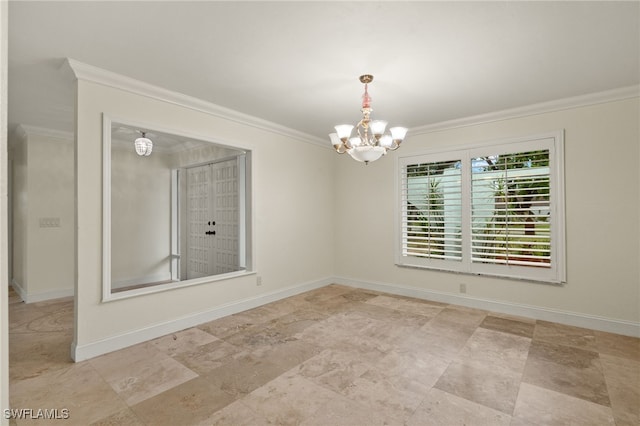 unfurnished dining area with crown molding and a notable chandelier