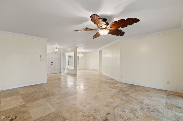 spare room featuring ceiling fan with notable chandelier and ornamental molding